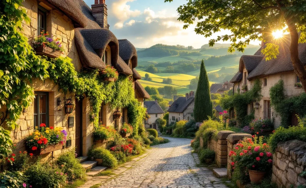 Un village en pierre avec des maisons couvertes de lierre, des rues pavées et des fenêtres fleuries baigné par une lumière dorée parmi des collines verdoyantes près de Cluny.