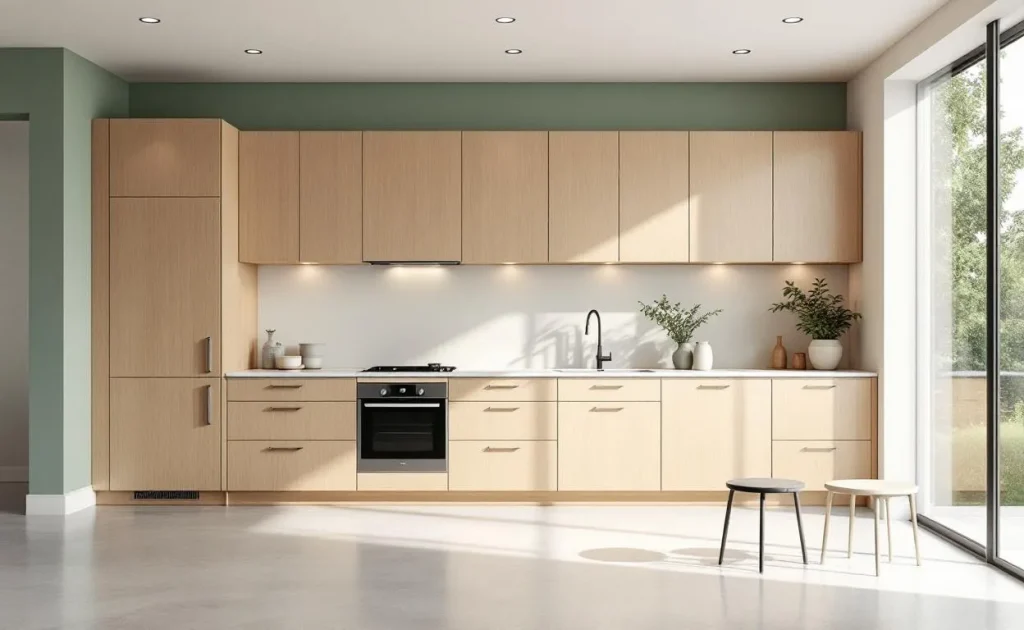 Cuisine moderne aux meubles en chêne clair avec six murs d’accent peints dans des teintes douces, illuminée par la lumière naturelle d’une grande fenêtre.