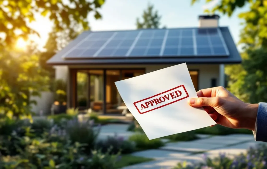 Maison moderne avec panneaux solaires entourée de verdure, une main tenant des documents approuvés au premier plan sous une lumière naturelle.