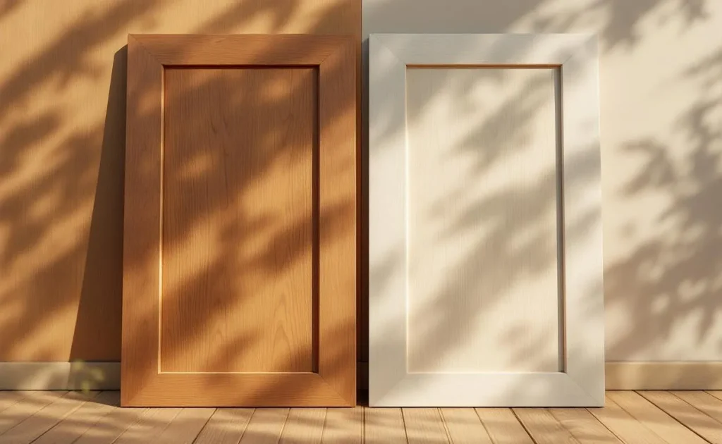Deux panneaux de bois côte à côte, l’un traité au saturateur à l’aspect mat naturel et l’autre à la lasure au fini brillant et teinté, exposés en extérieur sous une lumière douce.