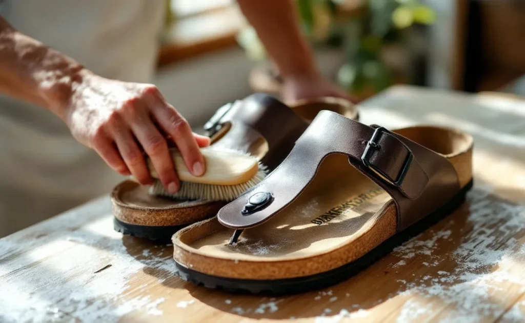 Une paire de sandales Birkenstock usée est nettoyée délicatement avec une brosse douce sur une table en bois sous la lumière du jour.