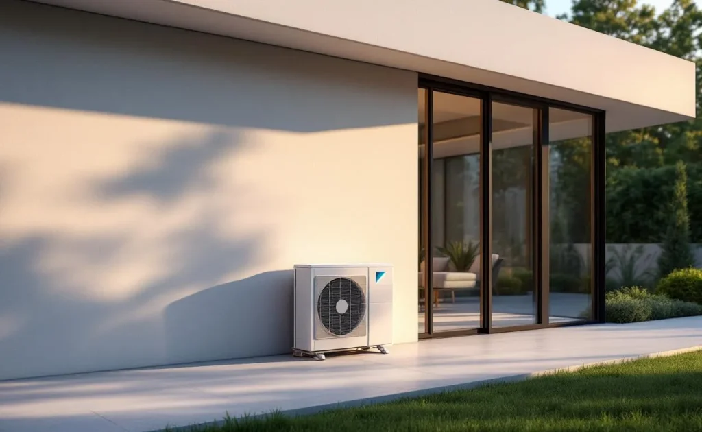Une pompe à chaleur Daikin moderne est installée devant une maison contemporaine entourée de verdure soignée au crépuscule.