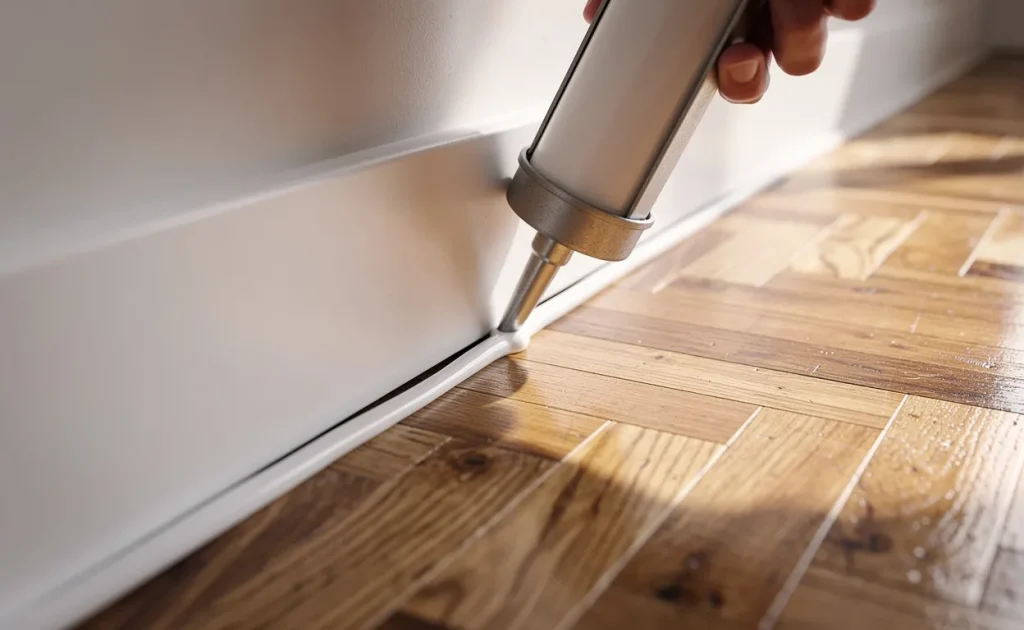 Un parquet en bois rejoint une plinthe blanche, un joint visible est comblé avec un pistolet à calfeutrer sous une lumière naturelle.