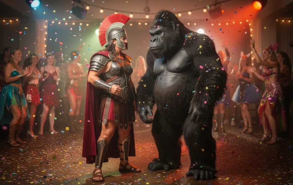 Un homme en gladiateur se tient à côté d’une personne en costume de gorille géant lors d’une fête costumée animée, avec des confettis colorés dans l’air.