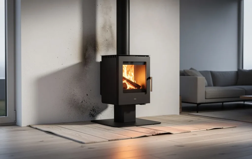 Poêle scandinave en bois diffusant une lueur chaleureuse dans un salon moderne et épuré, avec des taches de suie sur le mur proche et un plancher légèrement gondolé.