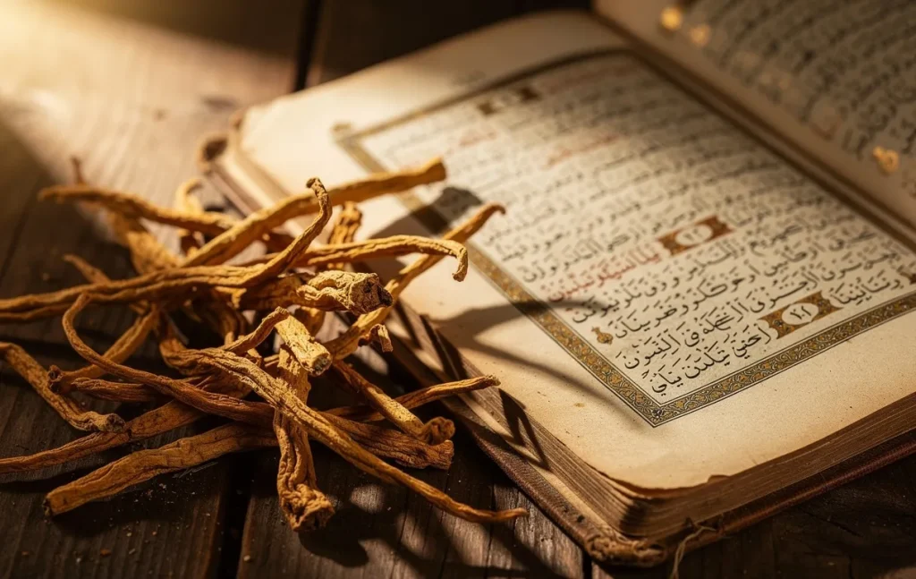 Des racines sèches de costus indien reposent à côté d’un manuscrit islamique ancien ouvert sur une table en bois, éclairés par une lumière douce.