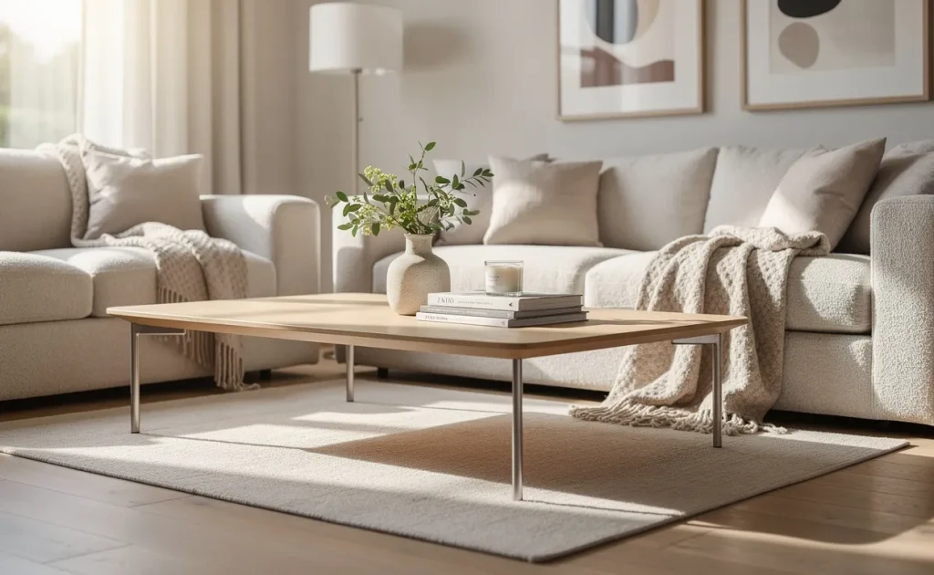 Table basse Zara Home dans un salon moderne baigné de lumière naturelle, entourée de canapés confortables et d’une décoration aux tons neutres.