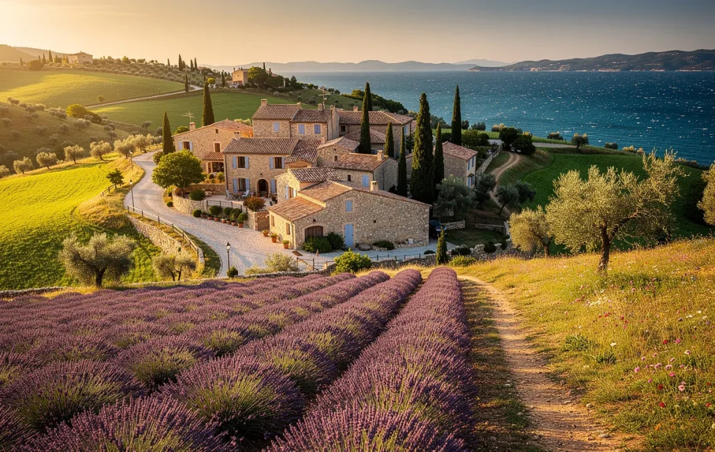 Un village provençal ensoleillé avec des maisons en pierre entourées de champs de lavande et de collines vertes, surplombant un lac bleu sous une lumière dorée de fin d’après-midi.