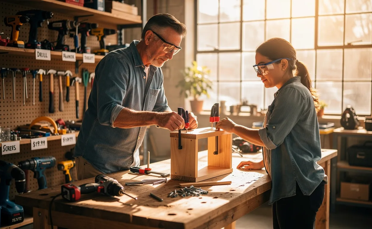 Un formateur explique des techniques de bricolage à un adulte dans un atelier lumineux, entourés d’outils bien rangés et d’étiquettes de prix visibles.
