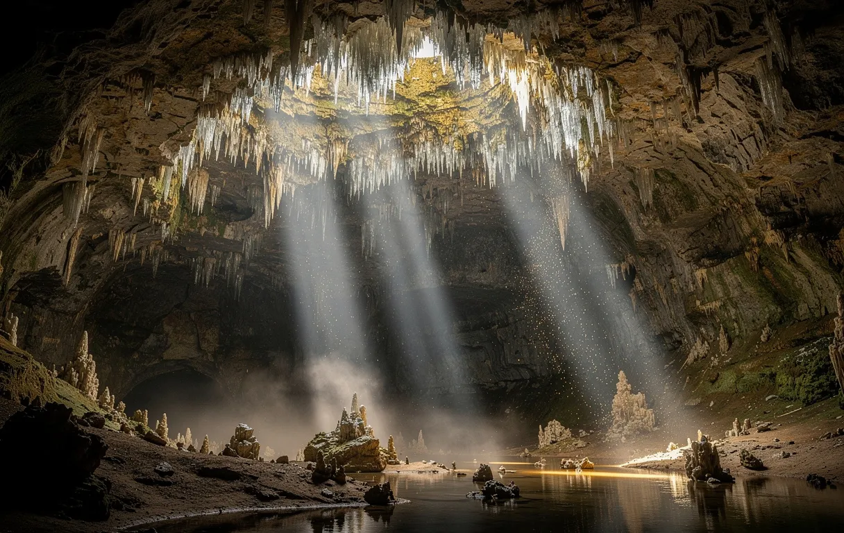 Une vaste cavité souterraine montre un plafond voûté orné de nombreuses stalactites cristallines, éclairées par des faisceaux de lumière perçant l’obscurité.