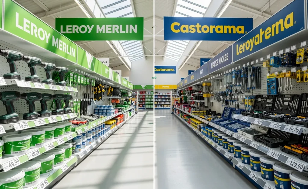 Allée d’un magasin de bricolage partagée entre les univers Leroy Merlin et Castorama, exposant des produits similaires avec étiquettes de prix sous une lumière naturelle.