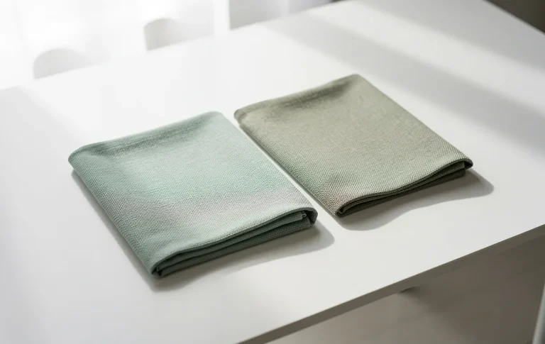 Deux échantillons de tissu, l’un vert céladon et l’autre vert sauge, reposent côte à côte sur une table blanche éclairée par la lumière naturelle.