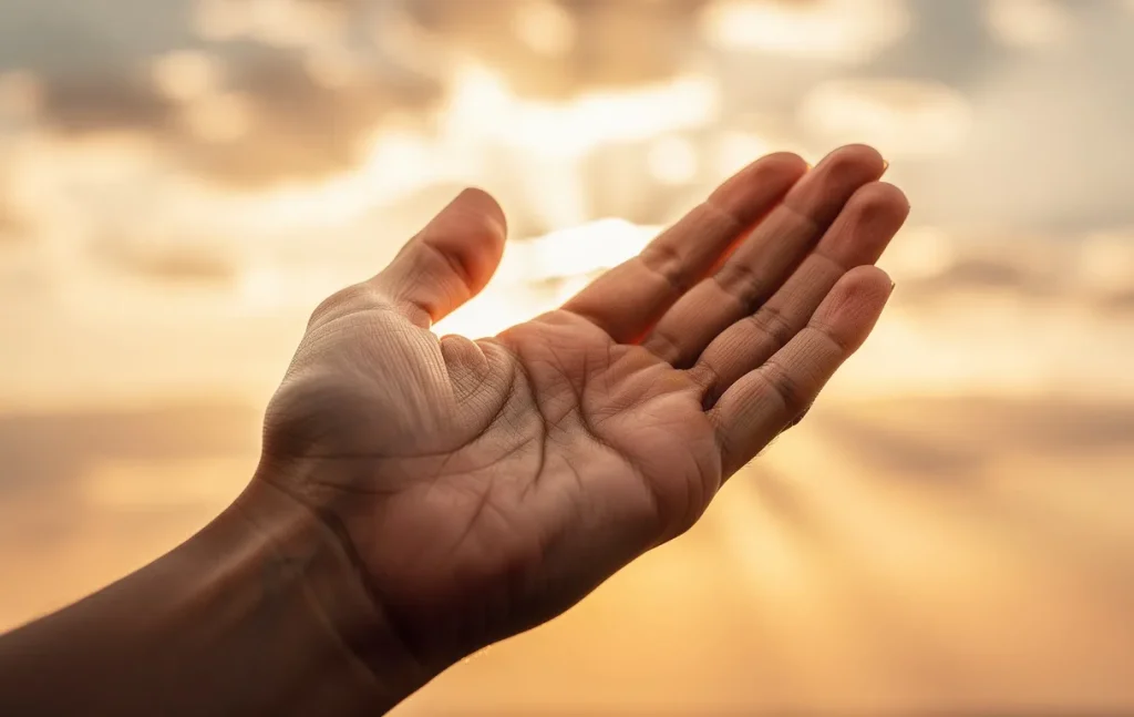 Une main ouverte se tend vers un ciel doré éclairé par les rayons du soleil au milieu de nuages lumineux.