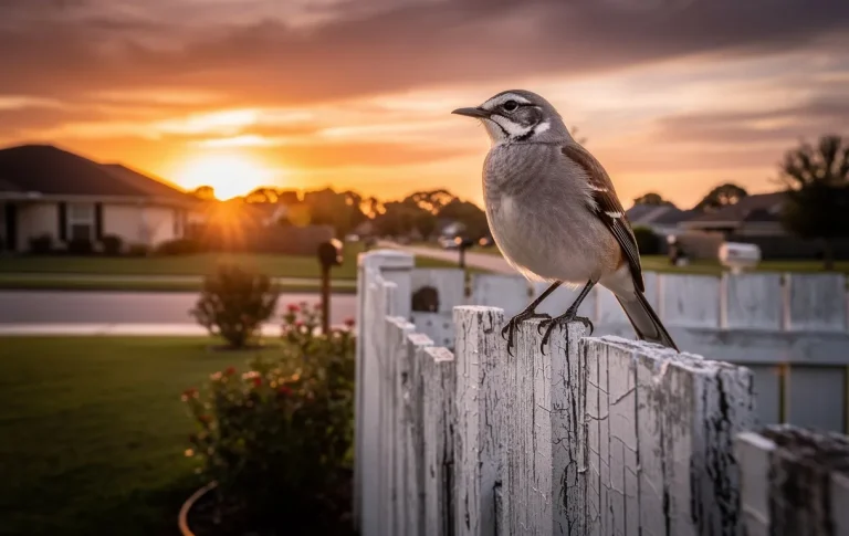 Un oiseau moqueur posé sur une vieille clôture sous un coucher de soleil doré dans un quartier résidentiel calme.
