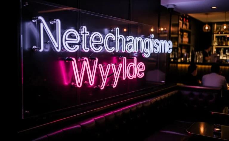 Un panneau néon moderne affiche les mots Netechangisme puis Wyylde dans un salon urbain tamisé aux lueurs violette et rose.