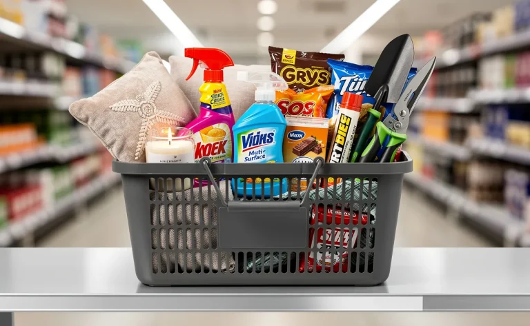 Un panier de courses bien organisé contenant divers produits B&M, tels que décoration intérieure, produits d’entretien, encas et outils de jardin, posé sur une étagère de magasin moderne éclairée.