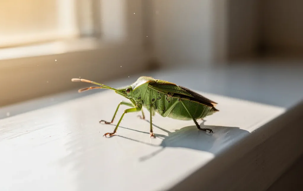 Un punaise verte repose sur un rebord de fenêtre blanc baigné de lumière matinale à l'intérieur d'une maison.