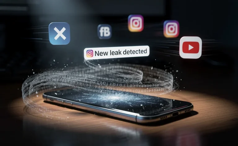 Un smartphone lumineux recevant une notification brille dans une pièce sombre entouré d’icônes de réseaux sociaux et de fuites numériques tourbillonnantes.