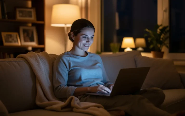 Une femme souriante lit des messages sur son ordinateur portable dans un salon chaleureux faiblement éclairé le soir.