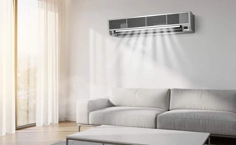 Un appareil de ventilation mécanique diffuse de l'air frais dans une pièce moderne et lumineuse.