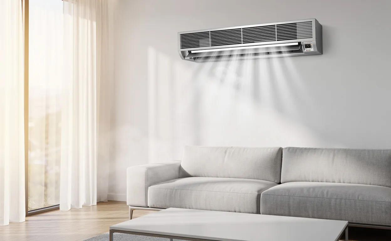 Un appareil de ventilation mécanique diffuse de l'air frais dans une pièce moderne et lumineuse.