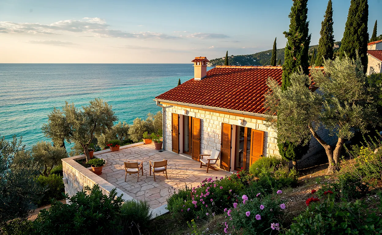 Villa côtière aux tuiles rouges à Pristeg en Croatie, éclairée par la lumière dorée du soir, surplombant la mer turquoise avec de la verdure alentour.