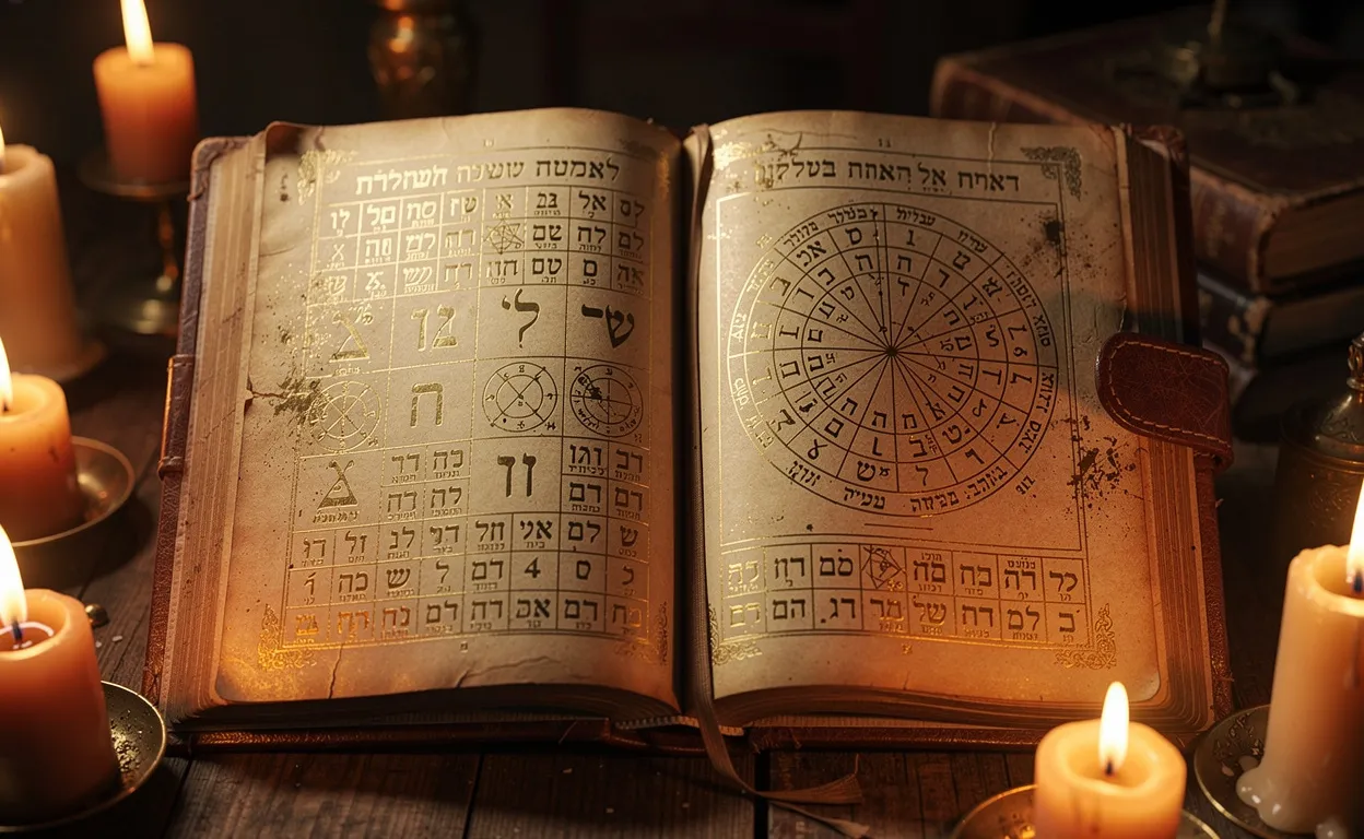 Un vieux livre ouvert présente des schémas de numérologie kabbalistique, éclairé par des bougies et des reflets dorés.