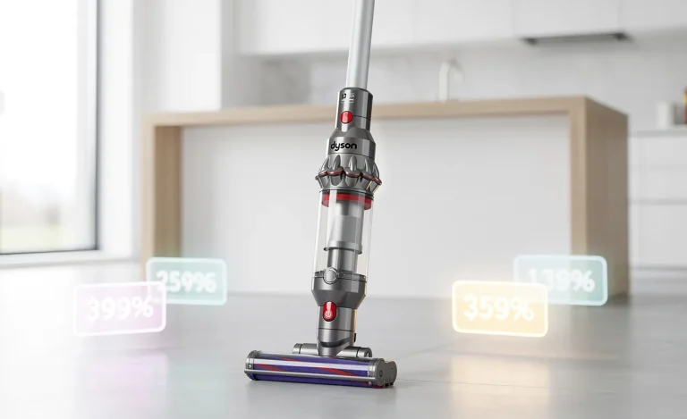 Un aspirateur Dyson V8 posé sur un sol de cuisine moderne, entouré d’étiquettes de prix lumineuses suggérant des promotions.