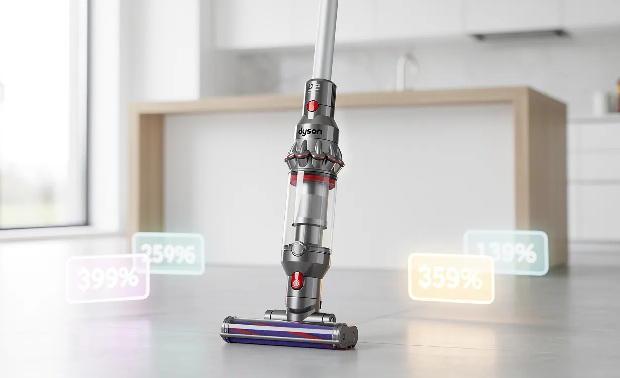 Un aspirateur Dyson V8 posé sur un sol de cuisine moderne, entouré d’étiquettes de prix lumineuses suggérant des promotions.