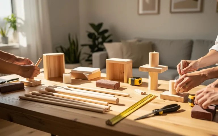 Des mains fabriquent des objets déco en bois sur une table baignée de lumière dans un salon lumineux aux tons naturels.