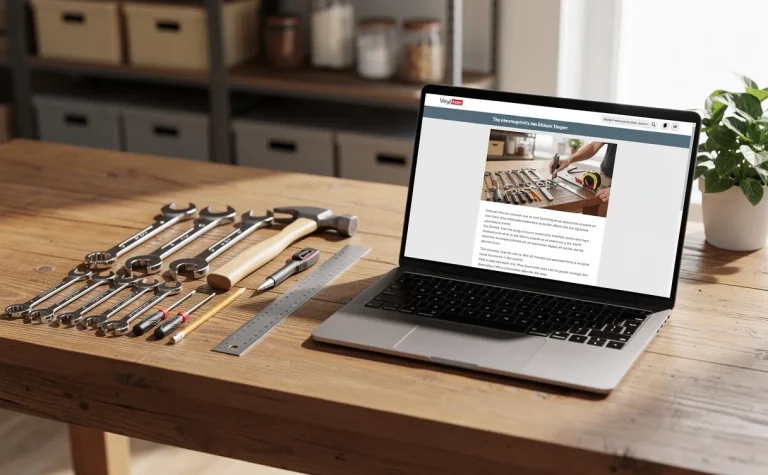 Un espace de travail soigné avec des outils de bricolage, un ordinateur portable affichant un guide et une lumière naturelle douce sur une table en bois.