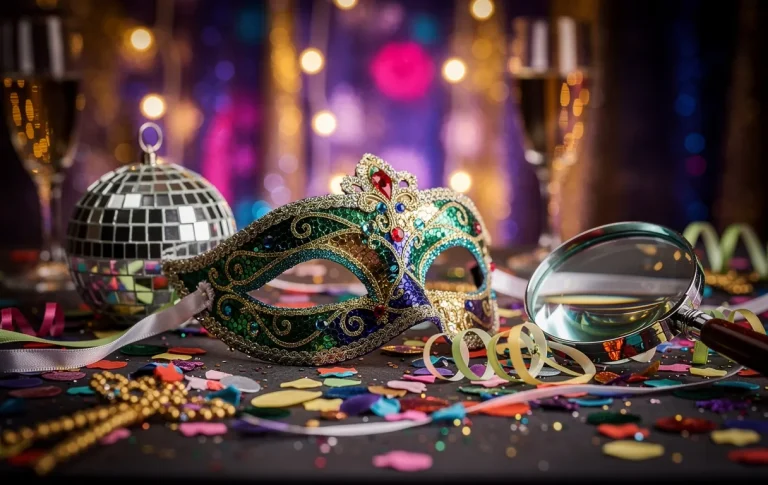 Une table de fête met en scène un loup de bal, une boule à facettes et une loupe de détective sur fond de lumières scintillantes et de couleurs vives.