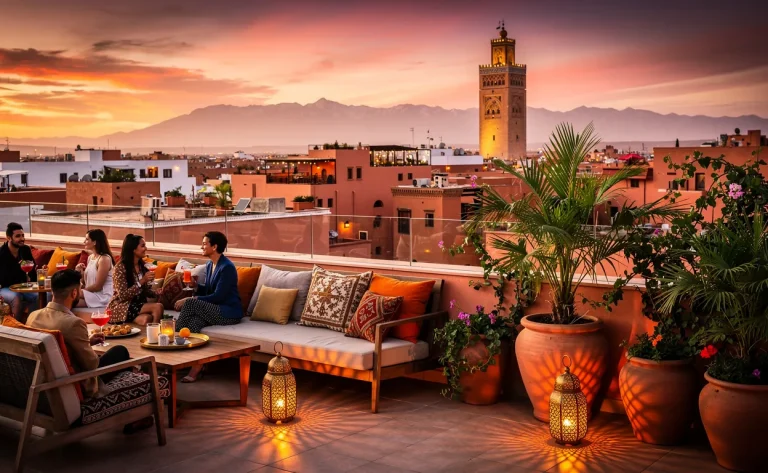Un bar sur un toit avec des lanternes allumées, de la verdure et une vue sur Marrakech au coucher du soleil, avec la mosquée Koutoubia en arrière-plan.