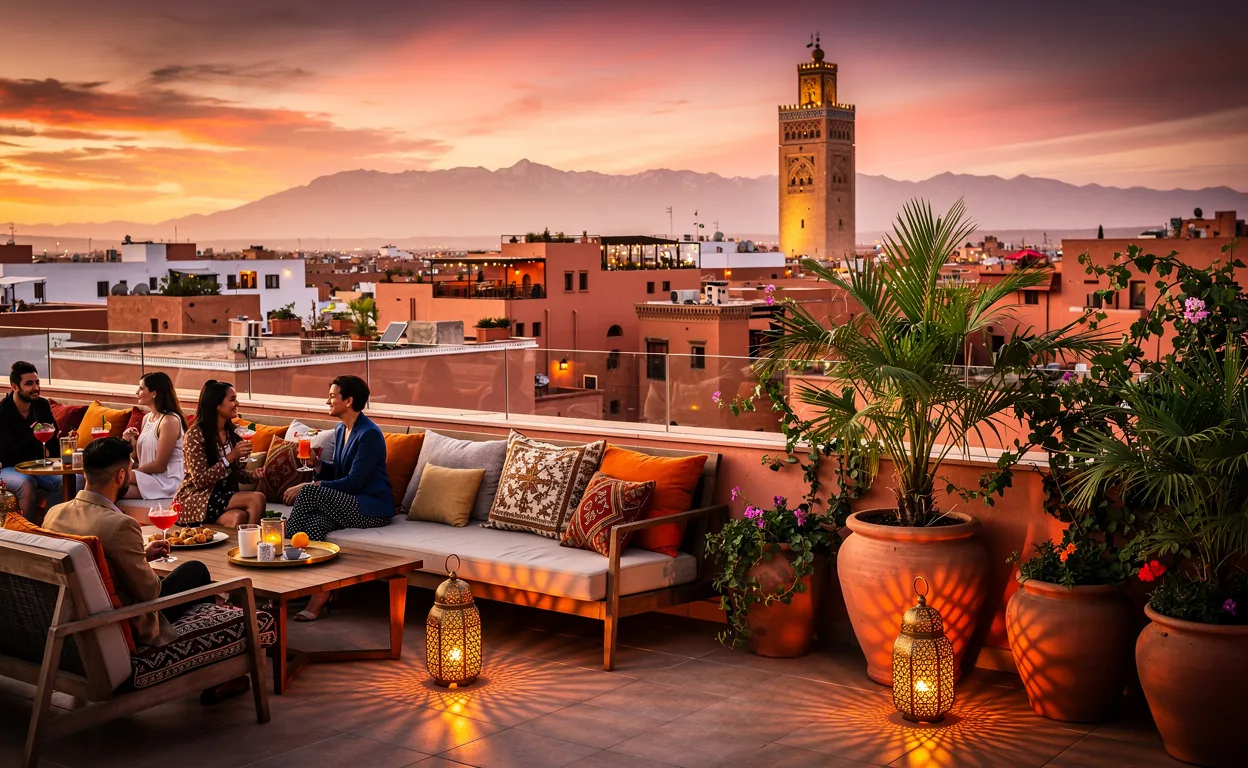 Un bar sur un toit avec des lanternes allumées, de la verdure et une vue sur Marrakech au coucher du soleil, avec la mosquée Koutoubia en arrière-plan.
