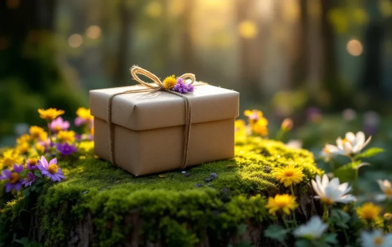 Un coffret cadeau écologique soigneusement emballé repose sur une souche moussue entourée de fleurs sauvages dans une forêt baignée de lumière.