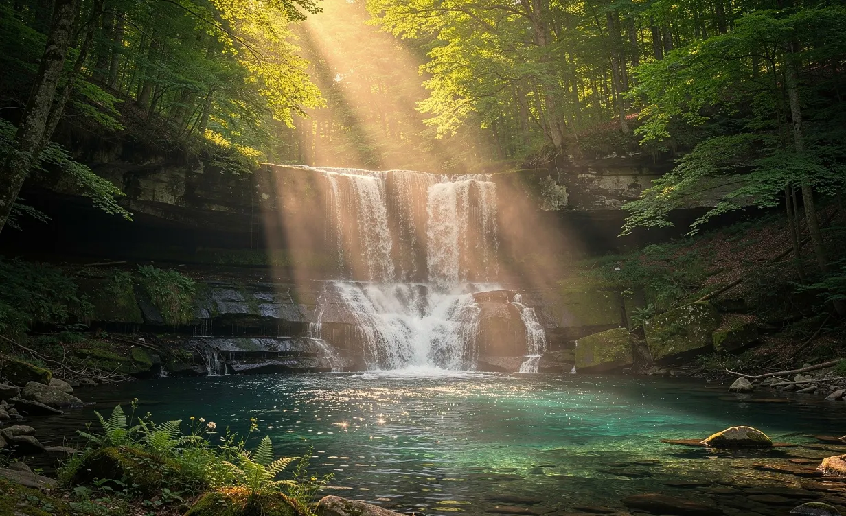 Une cascade photoréaliste de la Résurgence dévale des rochers couverts de mousse dans une forêt paisible, avec des rayons de soleil filtrant à travers les arbres verts et de la brume au-dessus du bassin.
