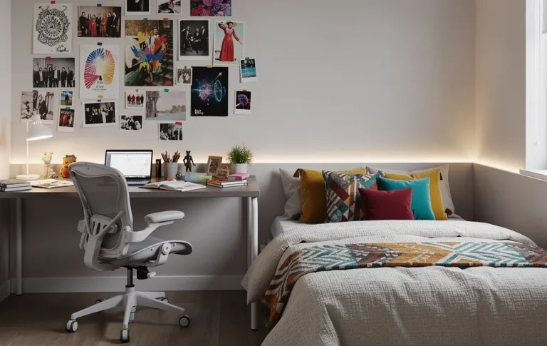Chambre d’adolescent moderne avec lit douillet, espace de travail créatif, éclairage LED tamisé et décor coloré.