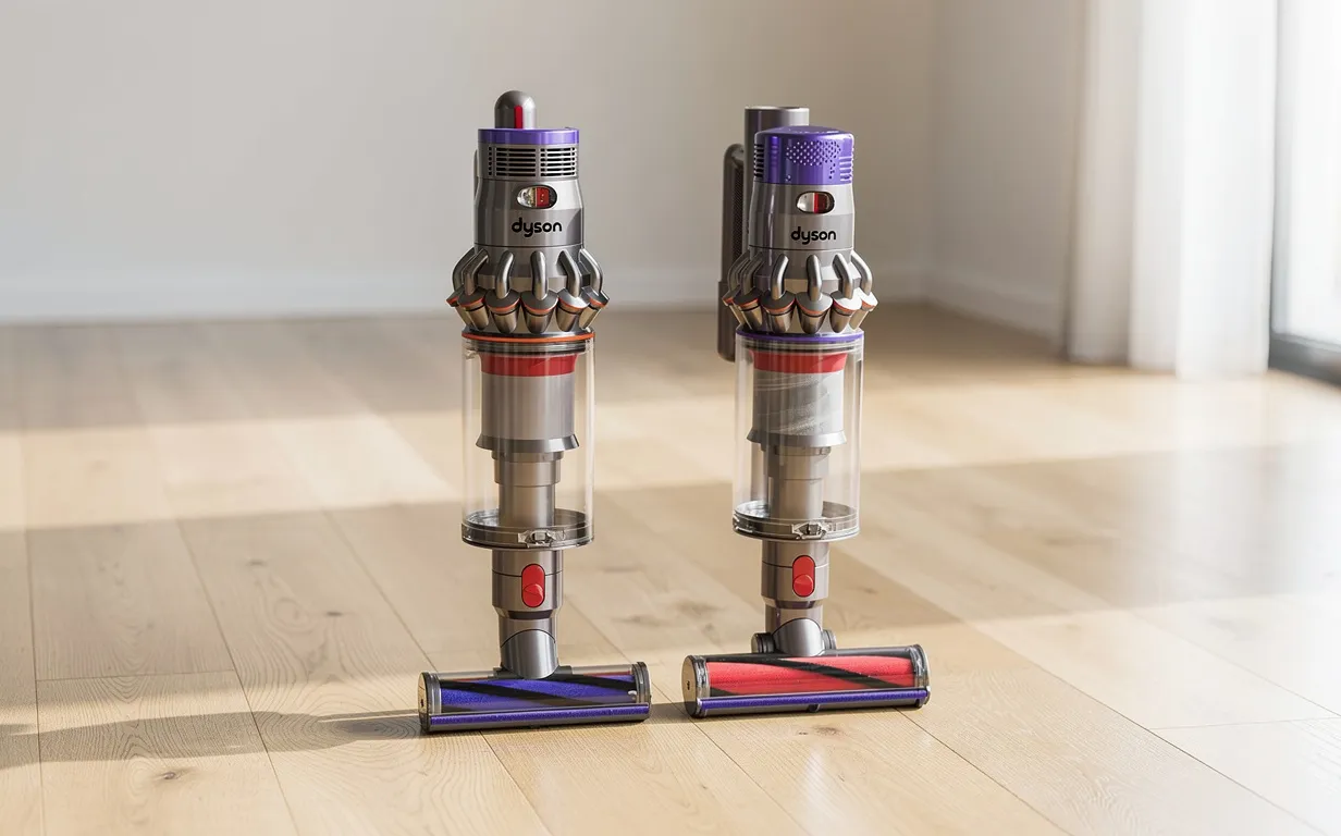 Les aspirateurs sans fil Dyson V8 et V10 sont posés côte à côte sur un parquet lumineux près d’une fenêtre, avec des reflets subtils sur le sol.