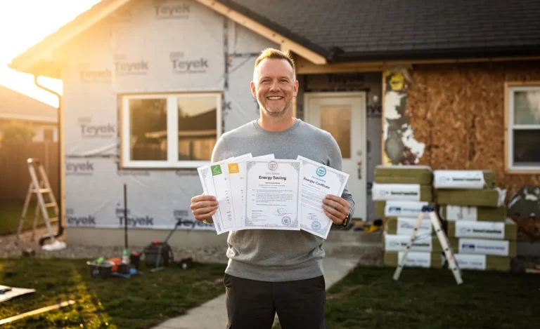 Un propriétaire tient des certificats d’économie d’énergie devant une maison en rénovation partielle, avec des matériaux isolants visibles et une lumière chaude.