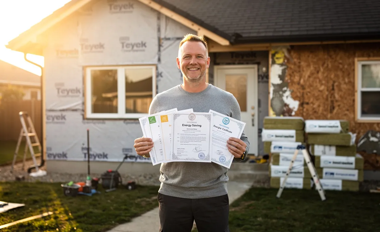 Un propriétaire tient des certificats d’économie d’énergie devant une maison en rénovation partielle, avec des matériaux isolants visibles et une lumière chaude.