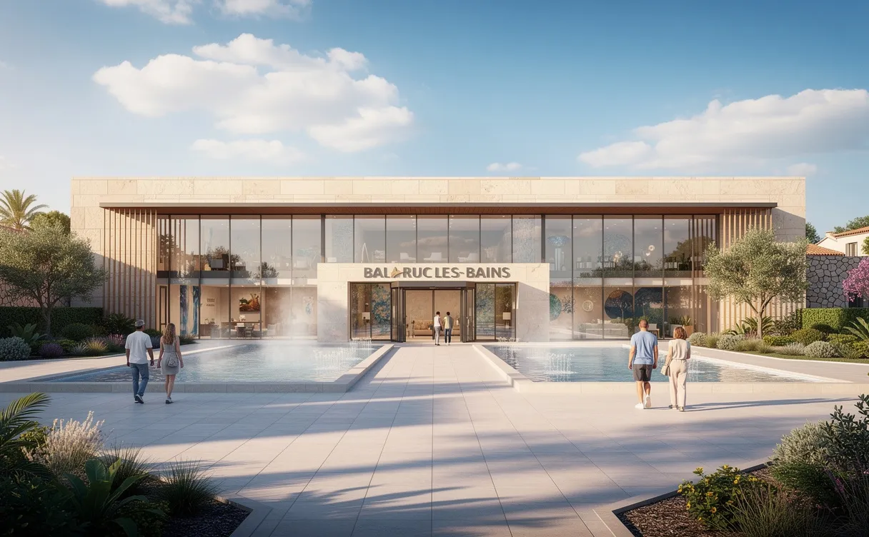 Entrée principale des thermes de Balaruc-les-Bains avec des visiteurs matinaux, de la vapeur s’échappant des bassins et de la verdure à l’arrière-plan.