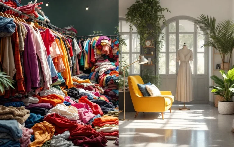 Scène divisée montrant d’un côté des vêtements bon marché entassés sous lumière artificielle et de l’autre un vêtement artisanal exposé dans une boutique lumineuse et épurée.