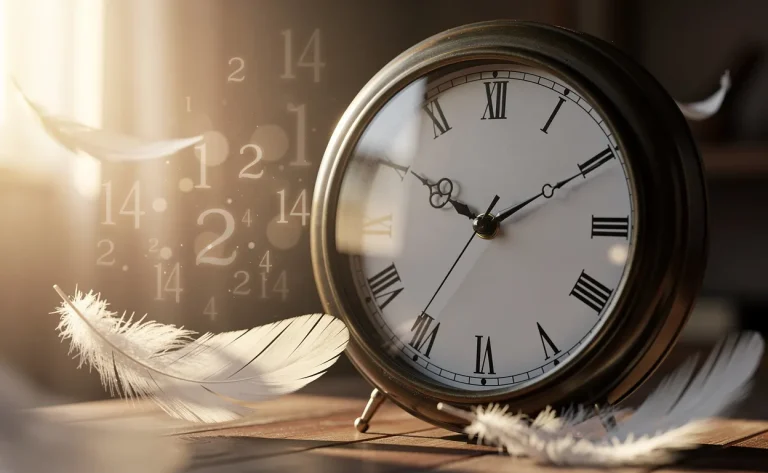 Un cadran d’horloge classique indiquant 14h14 baigné d’une lumière dorée, avec des plumes angéliques et des symboles de numérologie en arrière-plan.