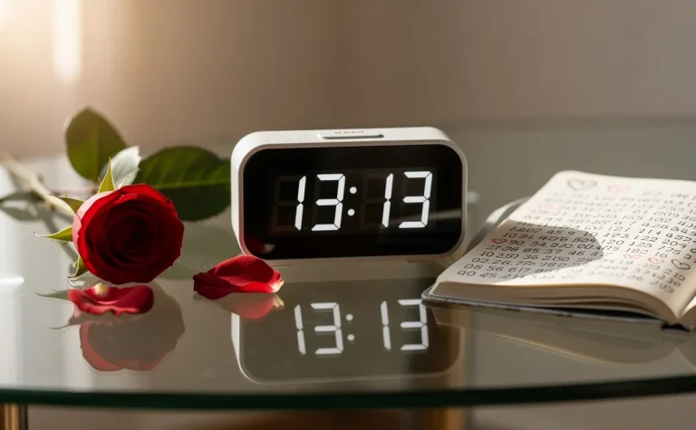 Un réveil numérique affiche 13h13 sur une table en verre avec une rose rouge et un carnet rempli de chiffres et de cœurs manuscrits, éclairés par une lumière d’après-midi.