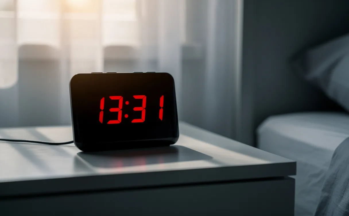 Un réveil numérique indiquant 13h31 repose sur une table de chevet lisse, baignée d’une lumière douce provenant de rideaux translucides.