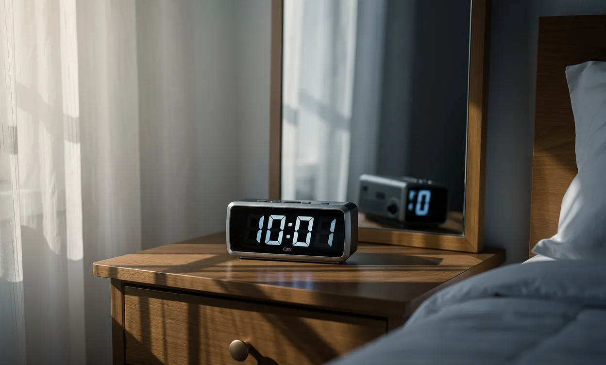 Un réveil numérique posé sur une table de chevet affiche 10h01, reflet visible dans un miroir avec une lumière tamisée filtrée par des rideaux.