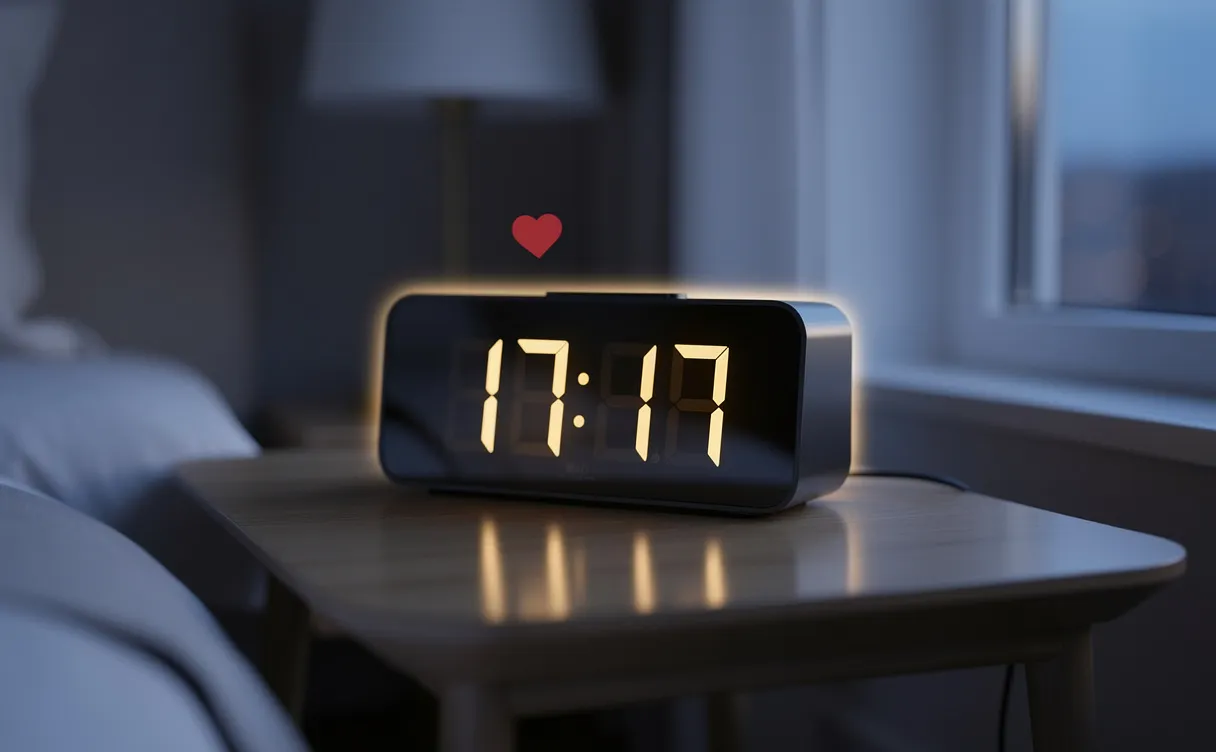 Un réveil digital moderne affiche 17:17 sur une table de chevet, reflété dans une fenêtre, avec un cœur rouge et des chiffres dorés lumineux, dans une ambiance de soirée paisible.