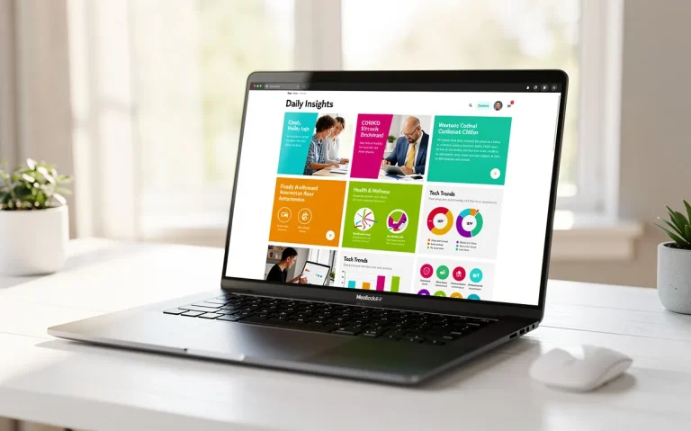 Un ordinateur portable moderne posé sur un bureau clair affiche un magazine en ligne coloré rempli d’articles et d’infographies, éclairé par la lumière du jour.