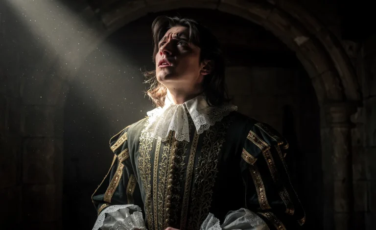 Un jeune noble en habit du XVIIe siècle se tient seul dans une chambre sombre, le visage éclairé de côté alors qu’il regarde vers le haut avec une expression tourmentée.