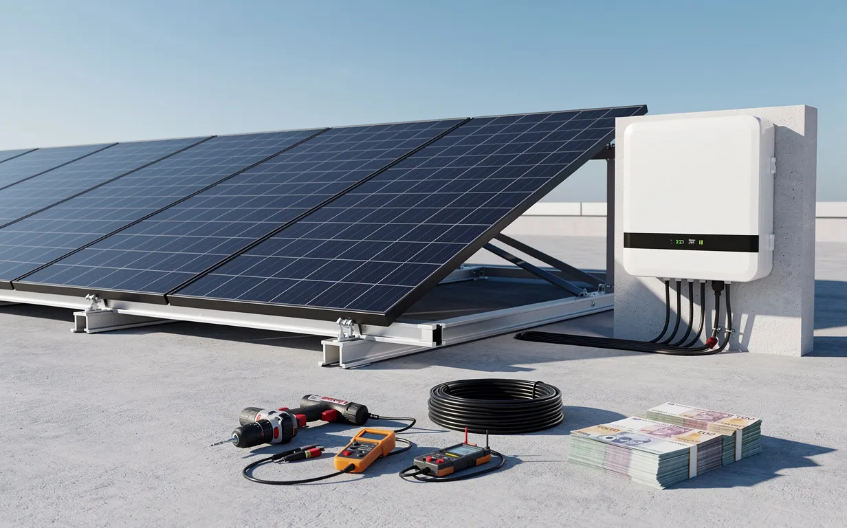 Système de panneau solaire de 3000W relié à une batterie moderne sur un toit ensoleillé, avec quelques outils épars et des billets de banque posés à côté.